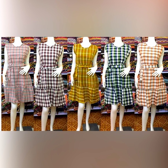 Polished neutral plaid A-line statement dress with a removable self-tie belt. - Picture 3 of 11